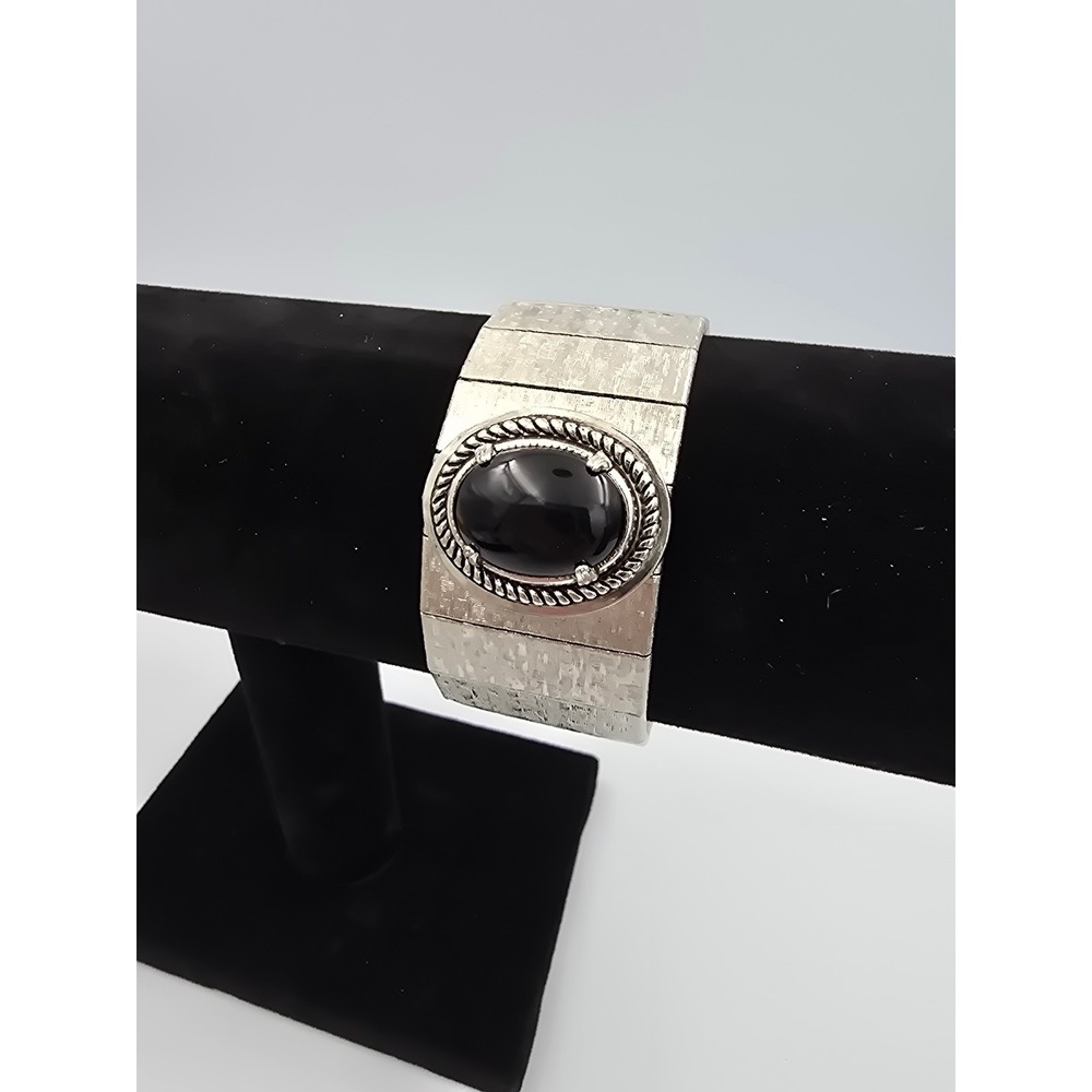 Vintage Silver Tone Flexible Band Bracelet Black Cabochon Stone Fold Over Clasp